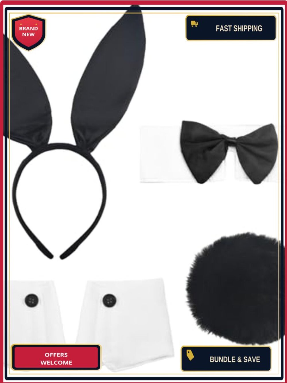 Women's Bunny Costume Set Rabbit Ear Headband Collar Bow Tie Cuffs Tail Kit